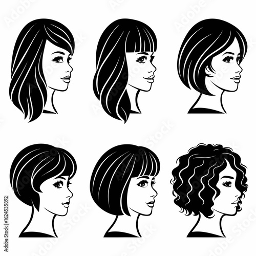 Six black and white profile illustrations of women's hairstyles on white background beauty fashion