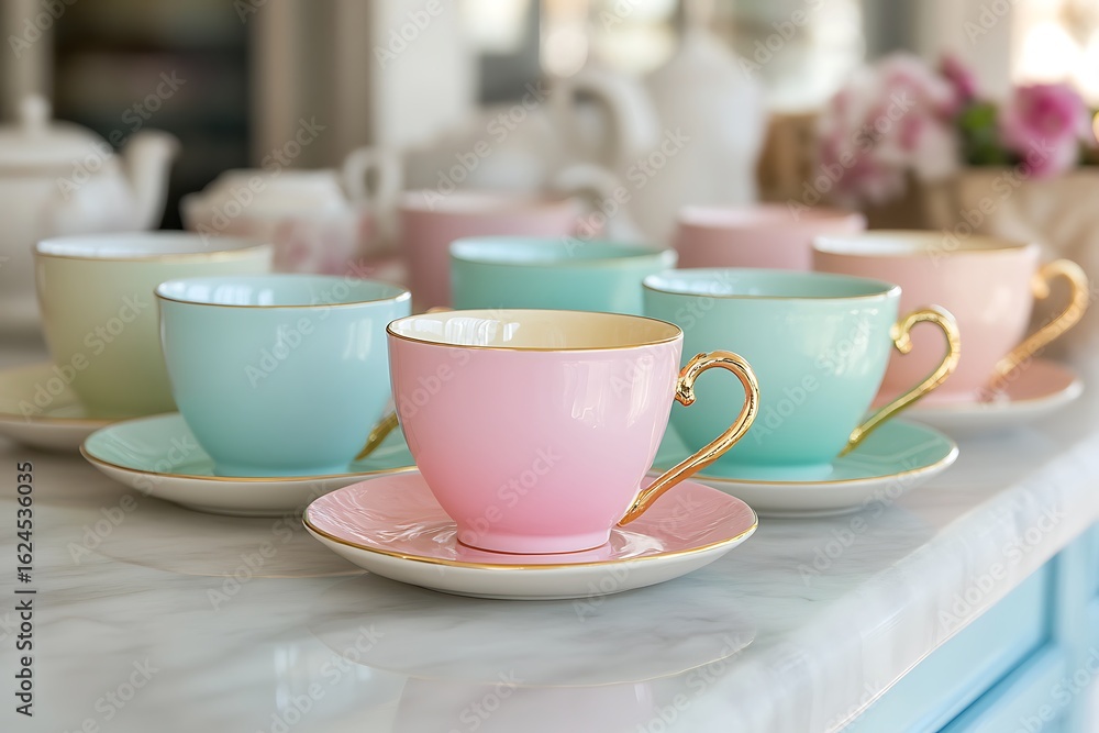 Pastel-colored tea cups with matching saucers, arranged beautifully on a marble counter, elegant and soft atmosphere Pastel-colored tea cups with matching saucers, arranged beautifully on a marble counter, elegant and soft atmosphere