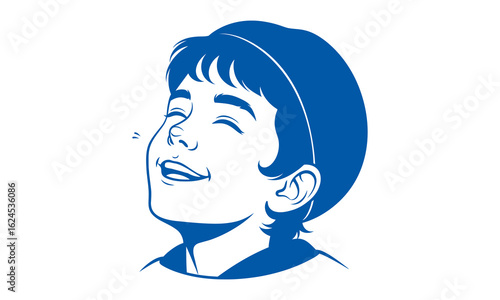 Happy smiling child's face in a vintage illustration style. Blue monochrome graphic depicting pure joy, bliss, and youthful innocence.