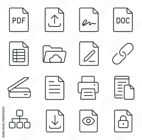 Digital document icon set featuring pdf, doc, cloud, scanner, and security symbols