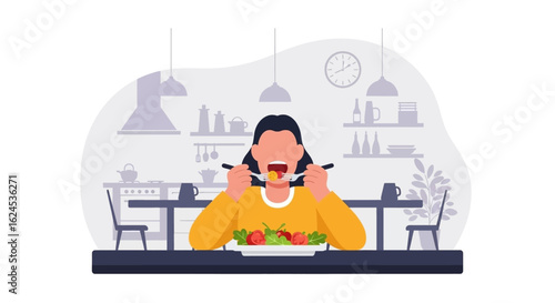 Woman Enjoying a Healthy Salad at Home: Perfect for Food Blogs, Health Websites, and Cookbooks