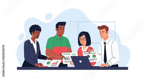 Diverse business team collaborating on project, analyzing data, perfect for website or presentation.