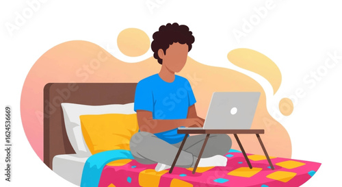 Person working on laptop in bed, perfect for websites or blogs about remote work, work from home, or comfortable productivity.