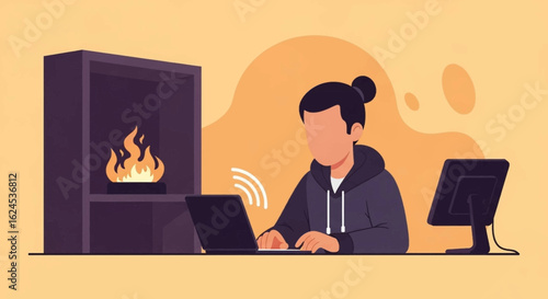 Person working on laptop near fireplace, perfect for blog posts about remote work or cozy home offices.