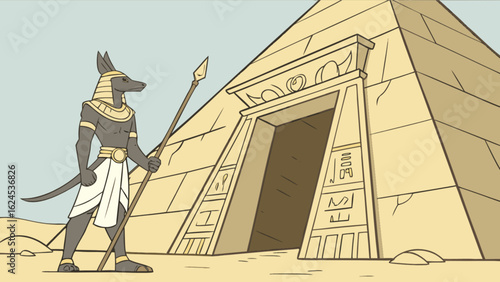 Anubis guarding the ancient egyptian pyramid tomb with hieroglyphs and spear in the desert landscape