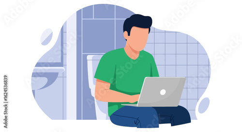 Man working on laptop in bathroom - illustration for blog post or article.