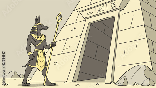 Anubis guarding egyptian pyramid tomb ancient egypt god of afterlife jackal head mythology cartoon illustration