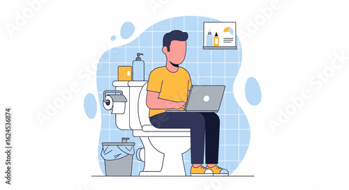 Illustration of a man working on his laptop while sitting on the toilet. Perfect for articles about work-life balance or remote work.