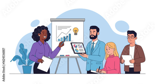 Diverse business team presenting data and ideas; perfect for websites, presentations, and marketing materials.