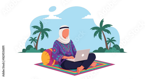Woman in traditional clothing working on laptop outdoors, perfect for travel blogs or remote work articles.