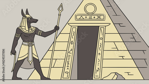 Explore ancient egypt anubis god guarding pyramid tomb with hieroglyphs and pharaoh symbols art