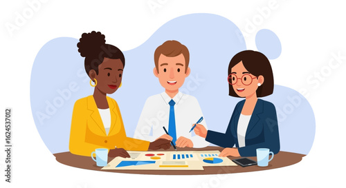 Diverse business team collaborating on project, ideal for presentations or marketing materials.