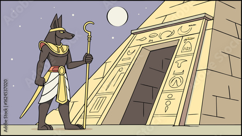 Anubis egyptian god standing guard at pyramid tomb entrance ancient egypt history cartoon illustration vector