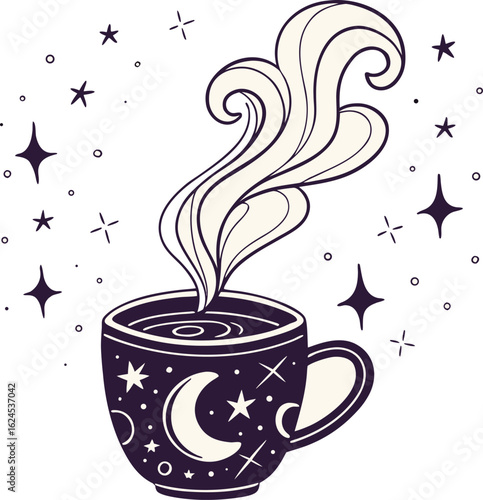 Celestial Coffee Cup with Magical Galaxy Swirls – Aesthetic Watercolor Nighttime Design