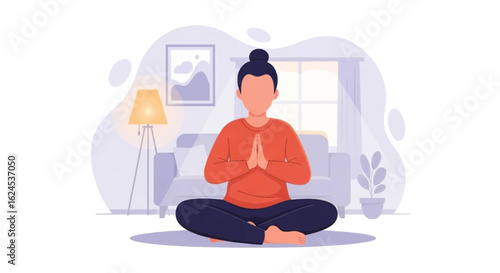 Woman meditating at home, perfect for wellness websites or mindfulness apps.