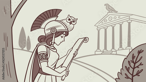 Athena goddess of wisdom and strategic warfare with owl helmet and scroll in ancient greek temple scene
