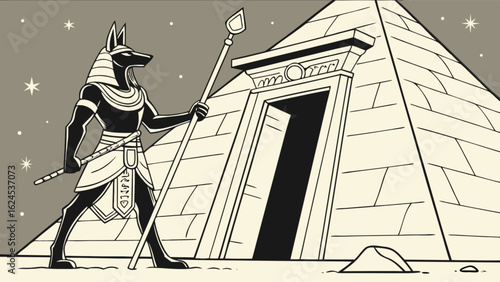 Anubis guarding the pyramid tomb of ancient egypt mythology god of afterlife and embalming concept art