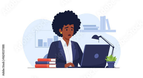 Worried businesswoman working on laptop, perfect for illustrating stress, deadlines, or workplace challenges.