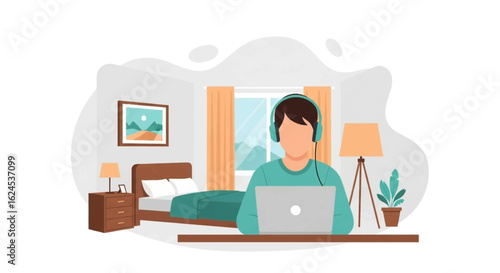 Person working from home on laptop, wearing headphones, in a bedroom setting. Perfect for blog posts, articles, or websites about remote work.
