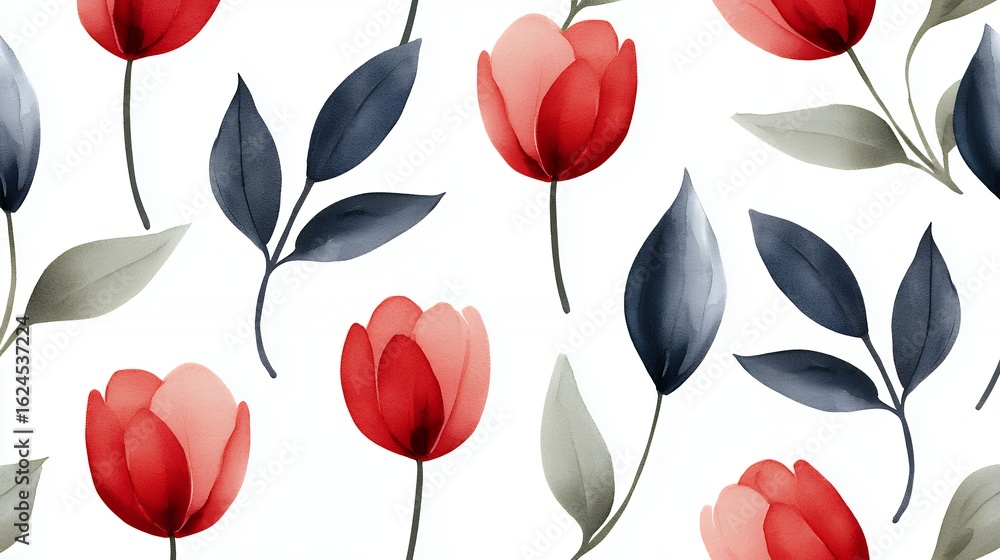 Obraz premium Watercolor Red and Pink Tulips with Blue Green Leaves Seamless Pattern