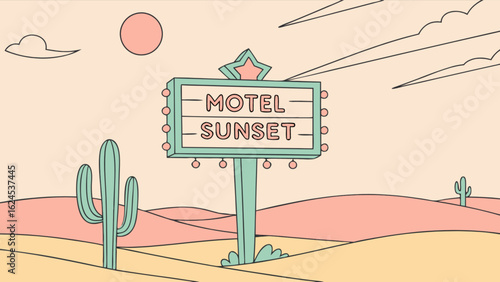 Sunset motel desert landscape scene with cactus and retro neon sign travel destination vacation getaway
