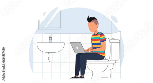 Illustration of a person working on a laptop while sitting on a toilet, perfect for articles about work-life balance or remote work challenges.