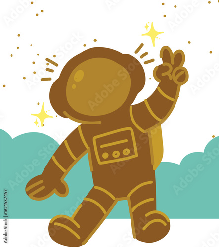 A brown astronaut wearing a spacesuit strikes a peace sign pose against a backdrop of stars and clouds