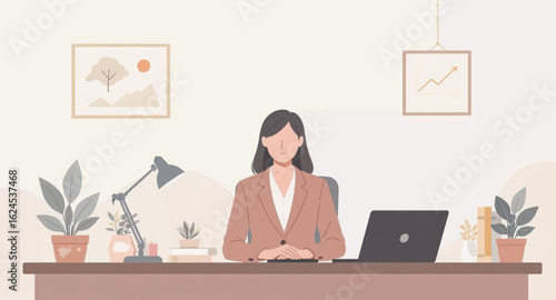 Calm businesswoman working at her desk, perfect for websites or brochures promoting a calm and productive work environment.