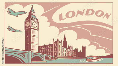 Vintage london travel poster featuring big ben houses of parliament and thames river retro tourist attraction