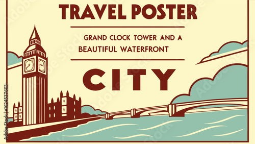 Vintage travel poster of london city with big ben and thames river for travel and tourism promotion design