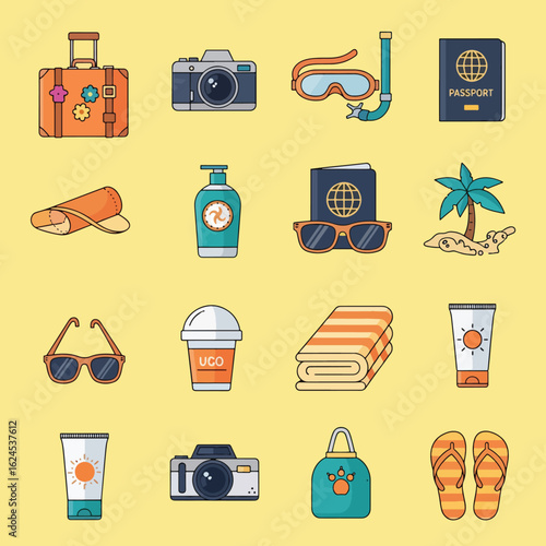 A grid of colorful flat line icons representing travel, tourism, and summer beach vacation essentials.