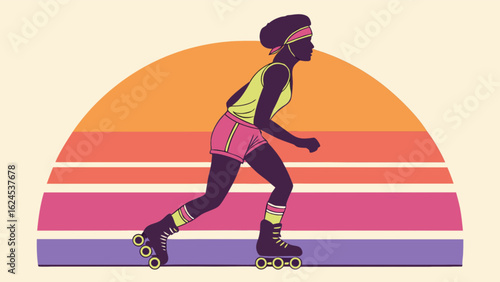 Retro roller skating illustration of a woman rollerblading with a sunset background design art vector