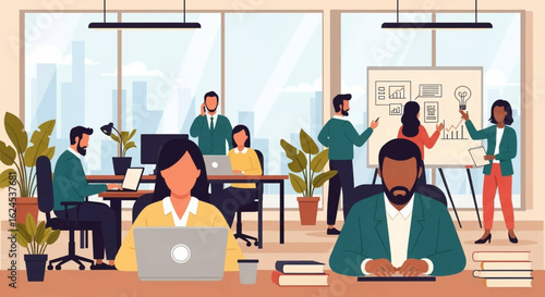 Diverse team of business professionals working in a modern office, perfect for illustrating teamwork and collaboration on a company website or brochure.