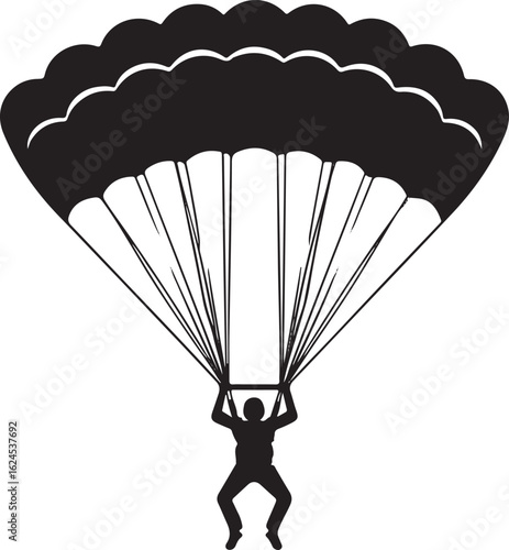 Black silhouette of a skydiver descending with an open parachute skydiving freefall