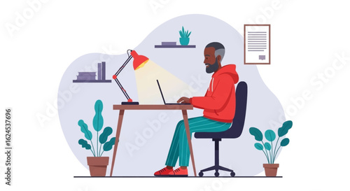 African American man working on laptop at home office, perfect for remote work or freelance lifestyle illustrations.