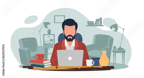 Man working from home on laptop, illustration for remote work, freelance, or home office concepts.