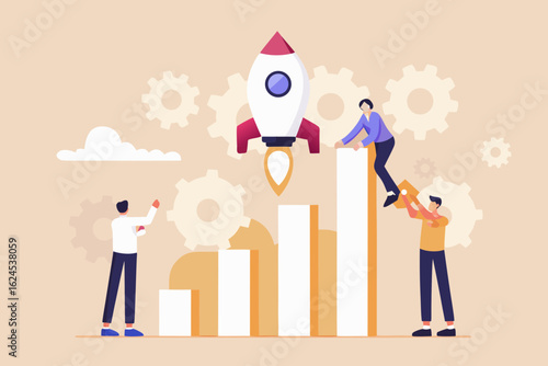 Teamwork and collaboration to launch a rocket and achieve business growth and success