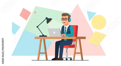 Happy businessman working on laptop, perfect for websites and presentations about remote work, productivity, or online business.