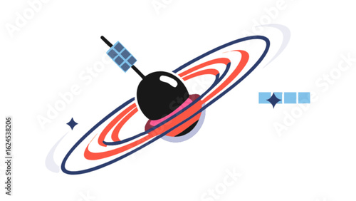 Satellite orbiting planet with rings vector illustration for space exploration and astronomy projects