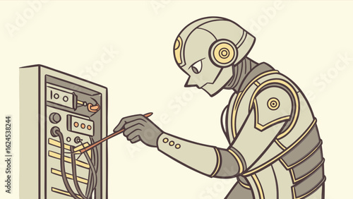 Robot technician fixing machine vector illustration for automation and technology concept design asset vector