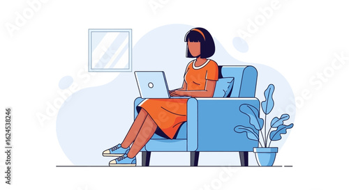 Woman working on laptop from home, perfect for blogs and websites about remote work, freelance, or work-life balance.
