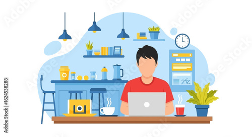 Man working on laptop in a cozy cafe, perfect for blog posts about remote work or freelance lifestyle.
