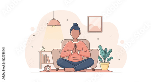 Woman meditating in a comfortable chair at home, perfect for wellness websites or mindfulness apps.