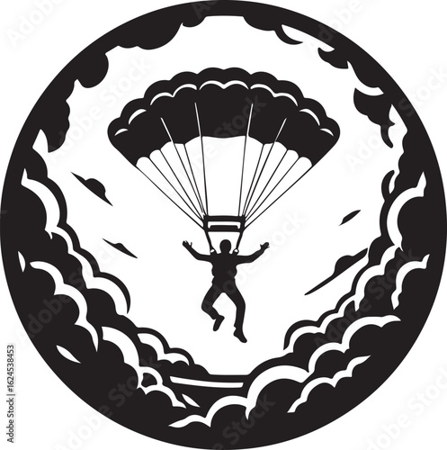 Skydiver descending through clouds parachute skydiving