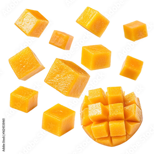 Flying mango cubes isolated