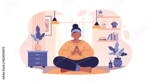 Woman meditating at home, perfect for wellness websites or mindfulness apps.