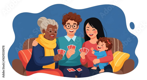 Happy multigenerational family playing cards together at home. Perfect for family blogs, websites, or brochures.