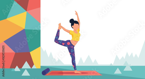 Woman practicing yoga Natarajasana pose, perfect for fitness websites or yoga studio brochures.
