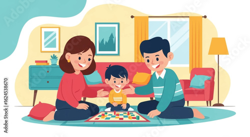 Happy family playing a board game together at home, perfect for family blogs or websites.