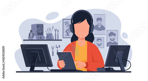 Woman using tablet and computer, perfect for websites about technology, remote work, or online gaming.